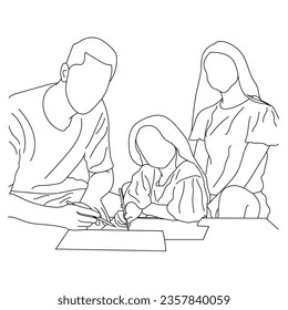 Loving mom and dad helping cute kid drawing. Vector line art isolated on a white background.