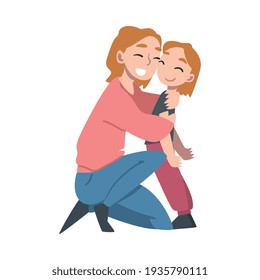 Loving Mom Hugging her Little Daughter with Tenderness, Maternity Love Concept Cartoon Style Vector Illustration