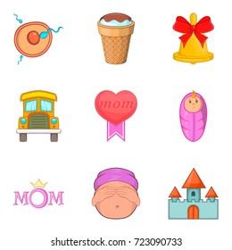 Loving mom icons set. Cartoon set of 9 loving mom vector icons for web isolated on white background