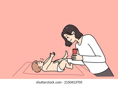 Loving mom moisturize newborn child body with cream changing diaper at home. Caring mother use lotion for newborn kid. Concept of children skincare and treatment. Vector illustration.