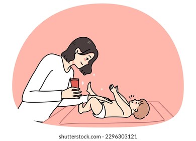 Mamá amorosa humedece el cuerpo de un recién nacido con pañal que cambia la crema en casa. Las madres que cuidan usan loción para el recién nacido. Concepto de cuidado y tratamiento de la piel de los niños. Ilustración vectorial.