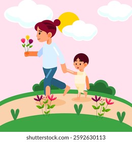 Loving Moment Child Presents Flowers to Mother, flat illustration style
