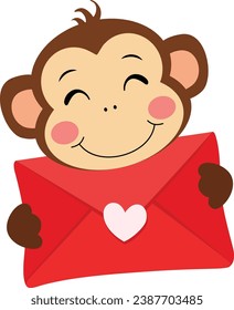 Loving monkey holding a valentine letter envelope

