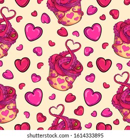 Loving Monster Dessert and Hearts vector seamless pattern. For textile, web and graphic design, covers, package, wrapping paper and backgrounds of any type. Hearts design. Valentine's Day design.