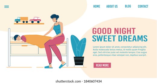 Loving mother admire adorable son sleeping in bed. Mom stroke child back. Good night sweet dream wish. Family bedtime activity, evening lifestyle, together entertainment. Landing page design template
