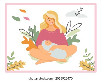 Loving mother affectionately hugs the baby against the background of the passing autumn. Vector illustration for mother's day, the birth of the first child in the autumn. Template for postcard banner.
