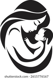Loving Mother and Baby Embrace, Simple Silhouette Design. black and white silhouette of a mother cradling her baby. Happy Mothers day vector.