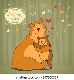 Loving mother bear hugging her baby. Flying hearts and decorative frame with text, illustration