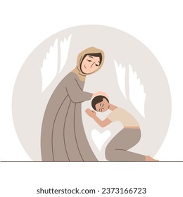 Loving mother blesses her son. Vector flat illustration. Honor and respect for ancestors.