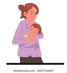 Loving mother carrying a baby in her arms, maternal love, vector illustration.