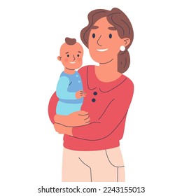 Madre amorosa llevando al niño. Mamá y bebé lindo, concepto de crianza ilustración vectorial plana sobre fondo blanco