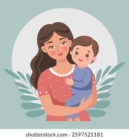 Loving mother and child. Portrait of family affection. Happy mother holding her son in her arms. Mother's day card. Flat style illustration.