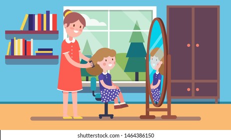 Loving mother combing hair of daughter kid sitting on chair in front of home mirror. Smiling mom taking care of her girl. Room interior. Parenting and family relationship. Flat vector illustration