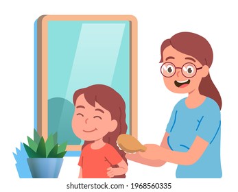 Loving mother combing hair of daughter kid sitting on chair in front of home mirror. Smiling mom taking care of her girl. Room interior. Parenting and family relationship. Flat vector illustration