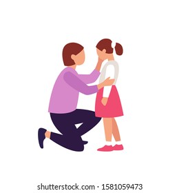 Loving mother comforting her sad young daughter. Colorful vector illustration isolated on white background.