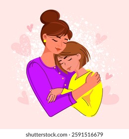 Loving Mother and Daughter Hugging vector Illustration for Mother's Day.Mom and daughter sharing a warm and loving hug, Soft pastel background with heart. Ideal for greeting cards, family related 