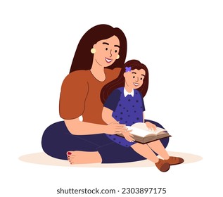 Loving Mother and daughter reading book together.Mom hug Child Girl.Spend time together.Love and trust of mom,child.Supporting, Family relationships.Flat vector illustration isolated,white background