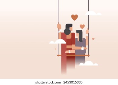 A loving mother and daughter sitting in a swing against a sky background. Concept for Mother's Day