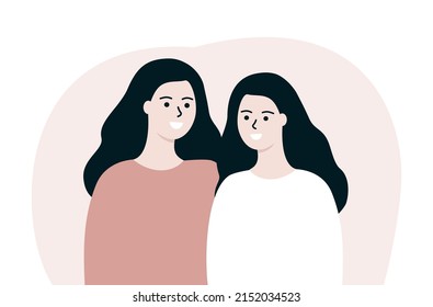 Loving Mother and daughter stay close to each other portrait. Happy smiling adult daughter and mum feeling love. Friendly family relationship. Flat Cartoon vector people illustration on background.