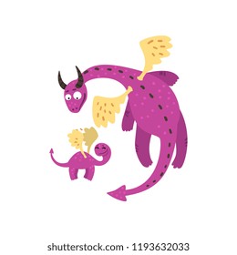 Loving mother dragon and her baby, cute purple winged dragons, family of mythical animals cartoon characters vector Illustration on a white background
