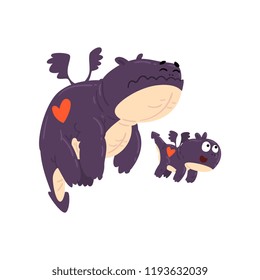 Loving mother dragon and her baby, cute purple winged dragons, fantasy mythical animals cartoon characters vector Illustration on a white background