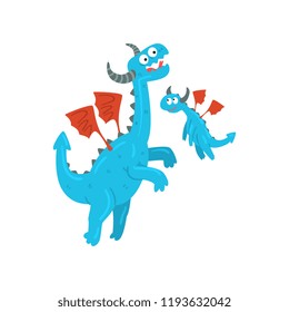 Loving mother dragon and her baby, cute blue winged dragons, fantasy mythical animals cartoon characters vector Illustration on a white background