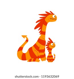 Loving mother dragon and her baby, cute striped winged dragons, fantasy mythical animals cartoon characters vector Illustration on a white background