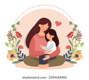 Loving mother embraces daughter. Beautiful wild flowers frame. Blooming floral elements in pastel colors. Mothers Day concept. Motherhood care and family bonds. Flat isolated vector illustration.