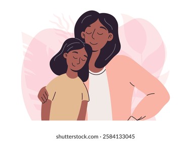 Loving mother embracing her daughter in a warm and affectionate hug, vector isolated illustration. Tender family moment in modern flat style. Perfect for Mother's Day, parenting, family care themes.