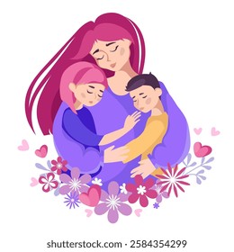 Loving mother embracing her two children, symbolizing warmth, care, and maternal love. Vector illustration for Mother's Day designs, greeting cards, family-related projects, and parenting