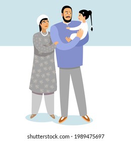 Loving mother and father admire their daughter, father holds daughter in his arms. Happy close-knit peaceful family. Everyone is spending day off together. Calm relax illustration. People bed colors.