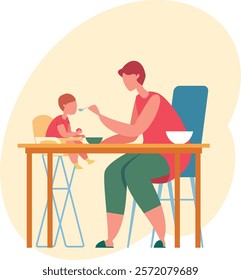 Loving mother feeding her baby son who is sitting in a high chair and playing with a toy, healthy nutrition for small children, everyday family scene