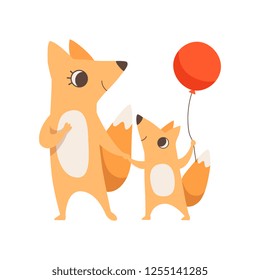 Loving mother fox and her little baby holding hands, fox cub with red balloon, animal family, parenting concept vector Illustration