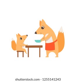 Loving mother fox serving plate to her child who is sitting at the dinner table, animal family, parenting concept vector Illustration