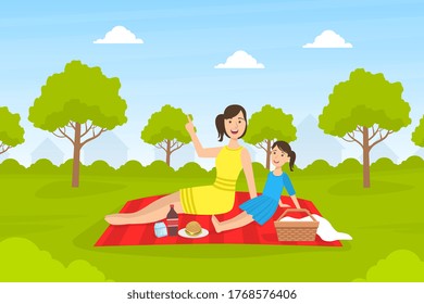 Loving Mother and Her Daughter Eating and Relaxing on Nature, Happy Family Having Picnic Outdoors Vector Illustration