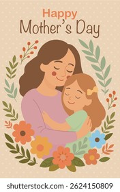 A loving mother and her daughter share a warm hug surrounded by floral elements.