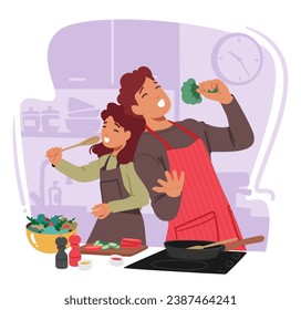 La Madre Amada Y Su Hija Entusiasmada, Feliz Personaje Familiar, Cocinando Alegremente Uno Al Lado Del Otro, Compartiendo Risas Y Creando Apreciados Recuerdos En Su Cálida Cocina. Ilustración de vectores de personas de caricatura