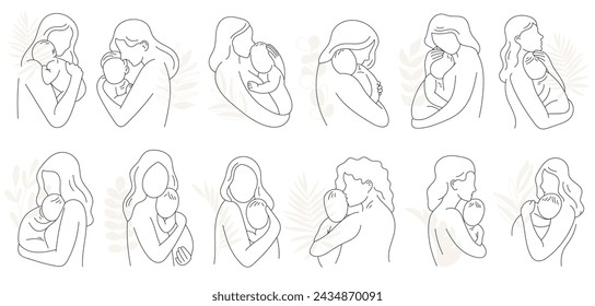 Loving mother holding adorable newborn baby line art. Young woman kissing while carrying her child in arms isolated set. Happy family, bonding, love relationship and motherhood vector illustration