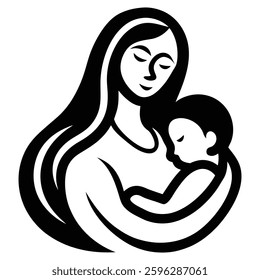 Loving mother holding baby line art vector illustration on white background