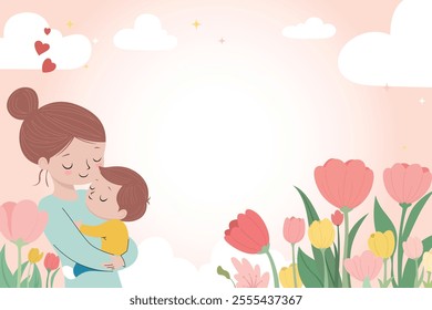 Loving mother holding her child in a floral spring setting, vector illustration.