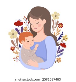 Loving mother holding her sleeping baby, floral background, peaceful maternity moment, parent and child bond, warmth, tenderness, care.Mother's Day. Family portrait illustration. Mom holding baby clip