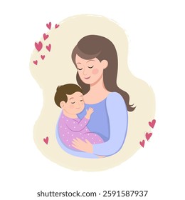 Loving mother holding her sleeping baby in arms, peaceful maternity moment, family love, warm hug, parent and child bonding illustration. Mother's Day. mom holding baby clipart 