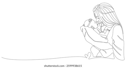 Loving Mother Holding and Kissing Her Baby – Minimalist Line Art