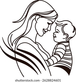 Loving mother holding and looking at her cute baby boy in a close embrace with joyful expressions captured in line art