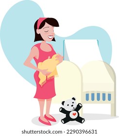 
loving mother holding newborn baby. room with crib and teddy bear.