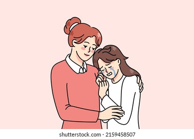 Loving Mother Hug Comfort Unhappy Crying Teen Daughter. Caring Woman Psychologist Or Therapist Embrace Caress Small Girl Child Show Compassion And Kindness. Vector Illustration. 