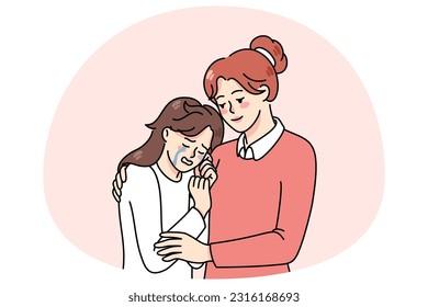 Loving mother hug comfort unhappy crying teen daughter. Caring woman psychologist or therapist embrace caress small girl child show compassion and kindness. Vector illustration.