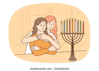 Loving mother hug teen daughter celebrate Hanukkah light menorah together. Caring mom embrace small girl child enlighten candle for Shabbat. Jewish family tradition. Vector illustration. 