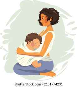 Loving mother hugs its sleeping baby, background, baby sleeping on mother laps, love, happy, family. Icon Mothers Day. Vector young woman, brown hair, summer, sling for baby.