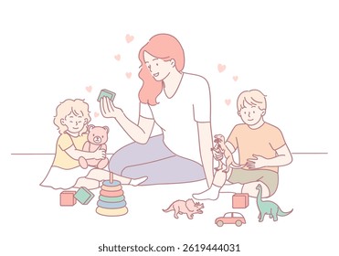 A loving mother joyfully plays with her kids, fostering creativity and deep bonding in a heartfelt scene
